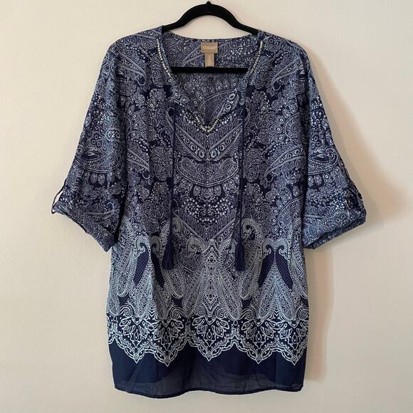 Chico's Women's size 2 / Large Navy Blue Boho Paisley Beaded Blouse 100% Cotton - Picture 1 of 11